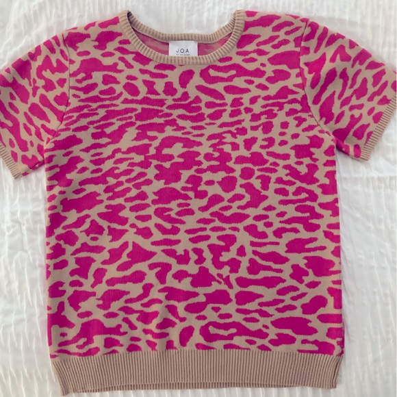 J.O.A. Anthropologie Pink Leopard Tan Short Sleeve Knit Sweater Top L - Picture 2 of 9